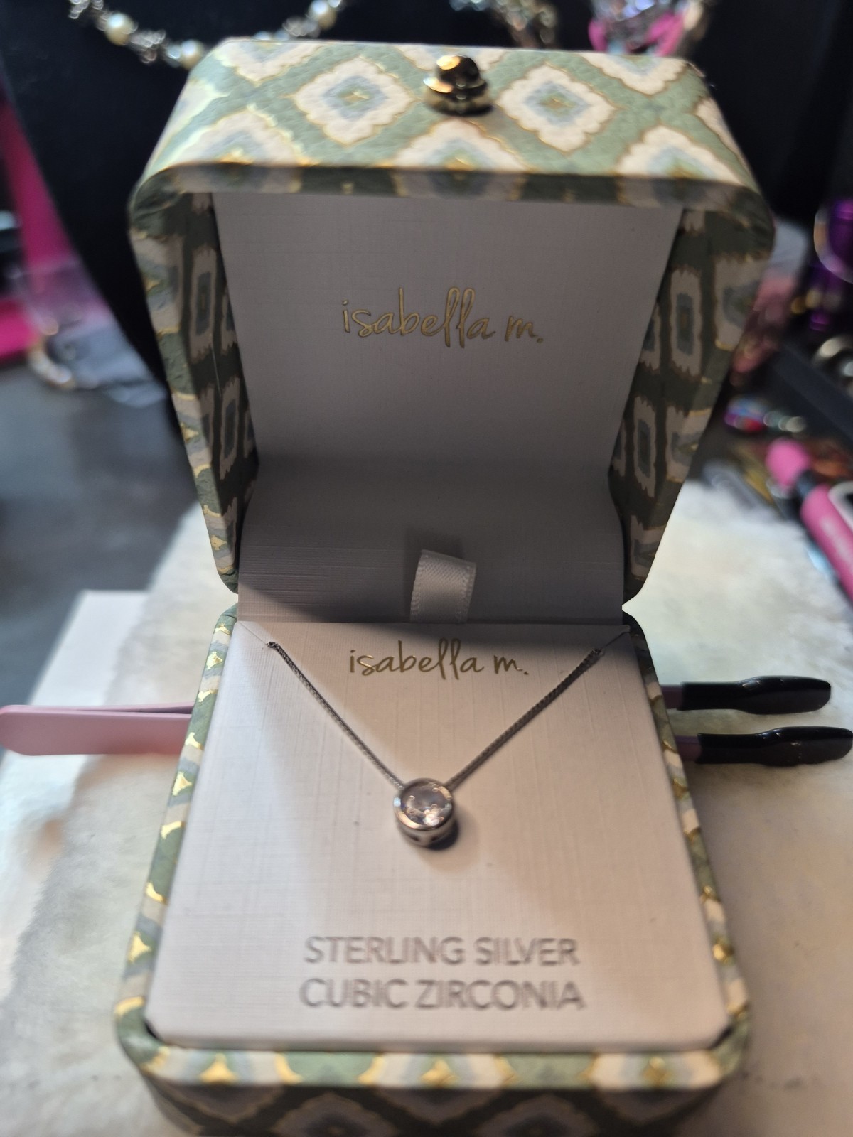Isabella M .925 Sterling Silver solitaire CZ NecklaceNewIn Box!beauty colorplay