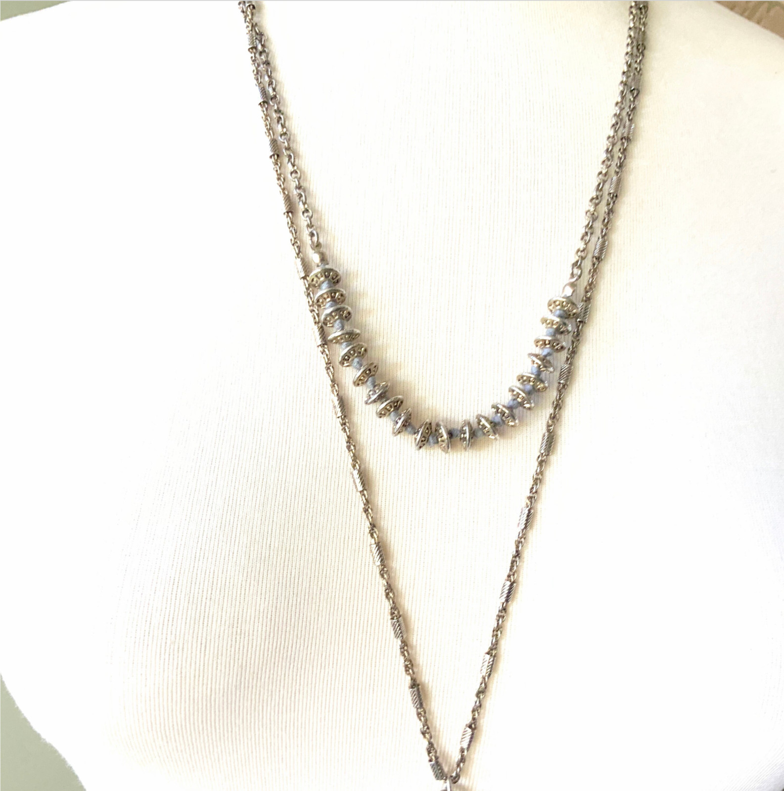 Vintage tassel necklace ST. THOMAS rhinestone antiqued gold multi strand layered