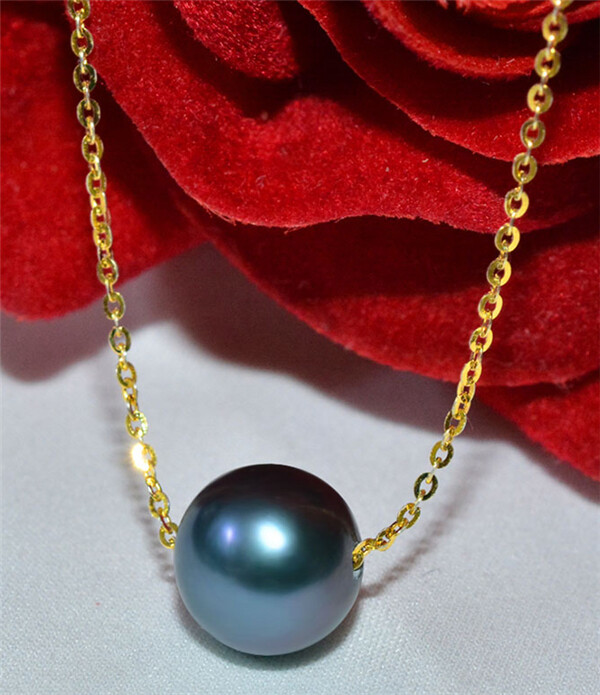 Real Tahitian Black Pearl Pendant Necklace 8-9mm Seawater Pearl 18K Gold Chain
