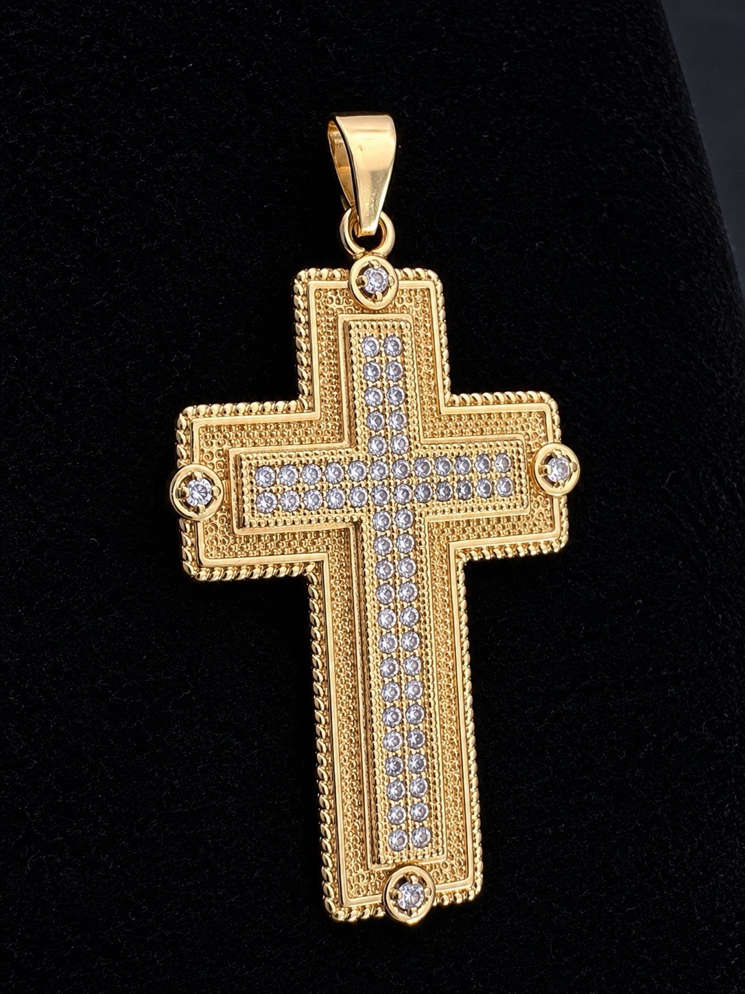 14k Gold Filled Cross Charm Pendant Clear CZ Pavé Simulated Stone Religious