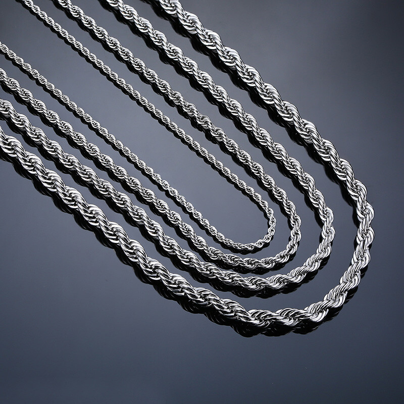 Men Women Necklace Twist Rope Chain Link Stainless Steel 16/18/20/22/24″ Silver