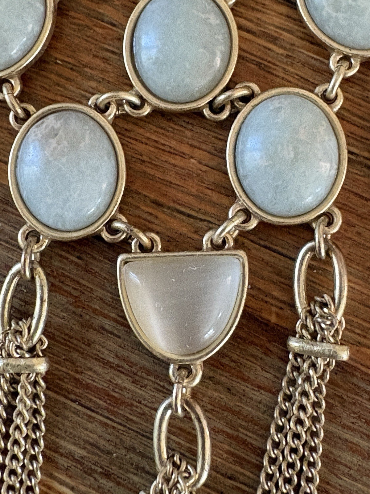 Lucky Brand Necklace Gold Tone Pale Blue Cabochon Statement Bib Pendant 15 in