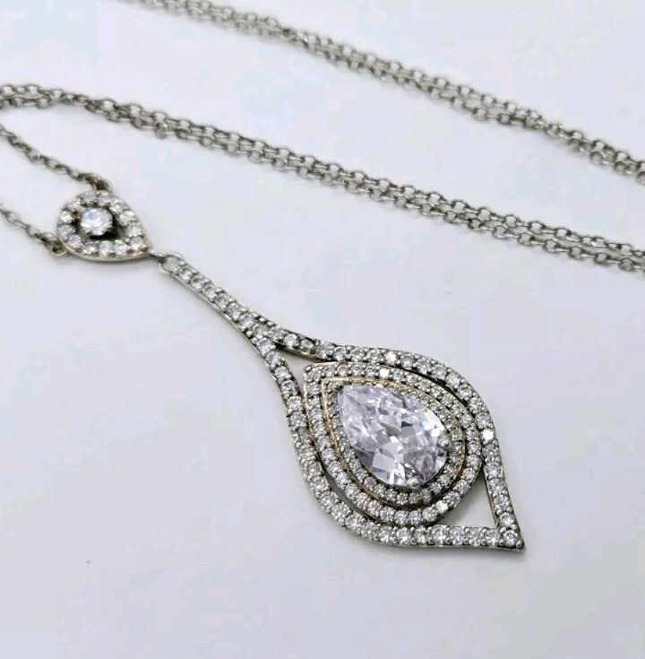 Crystal Pendant Necklace Silver Tone 18 in Elegant Prom Wedding Pageant 20 in