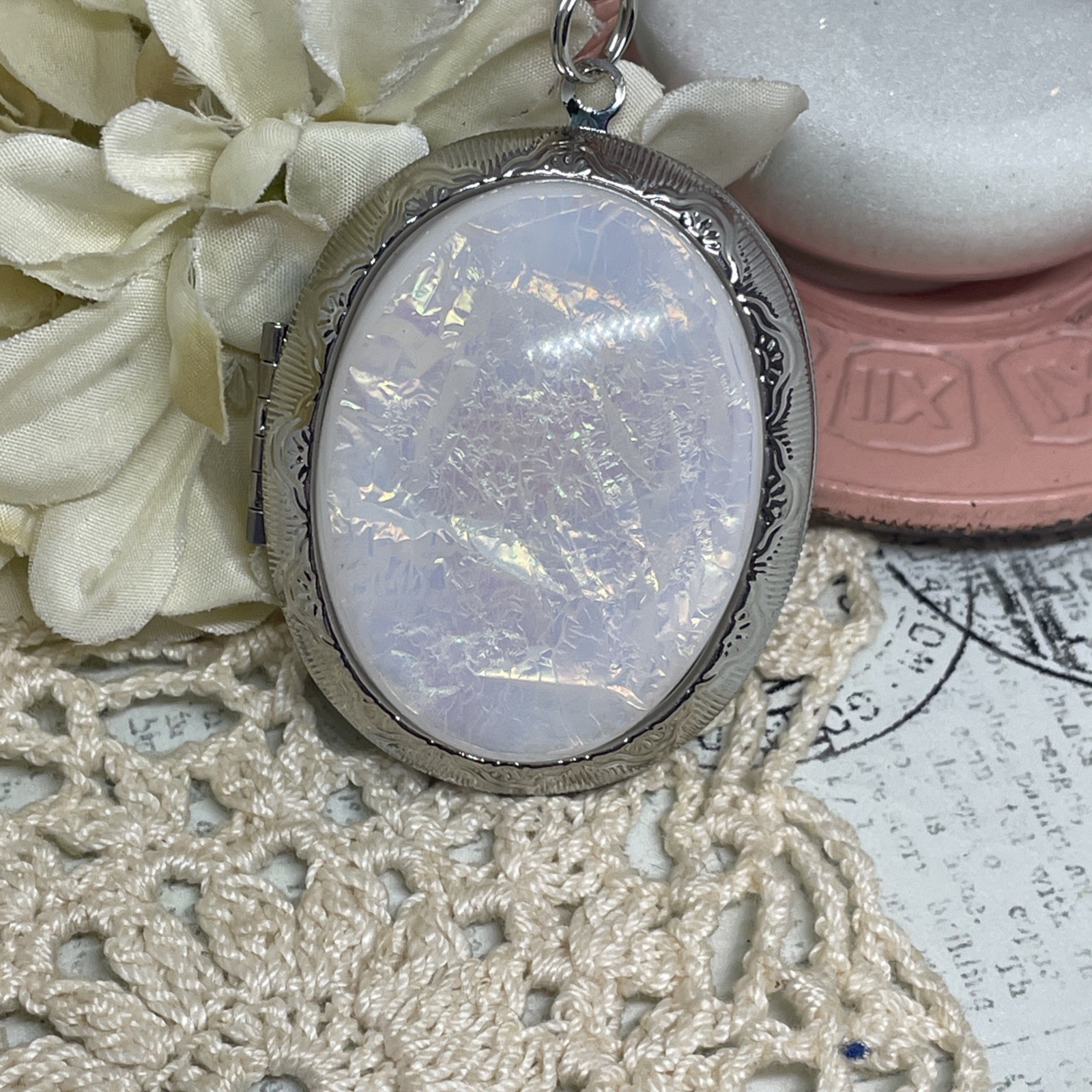 Silver New Photo Locket Opal Wedding Necklace Mom Daughter Birthday Anniversary