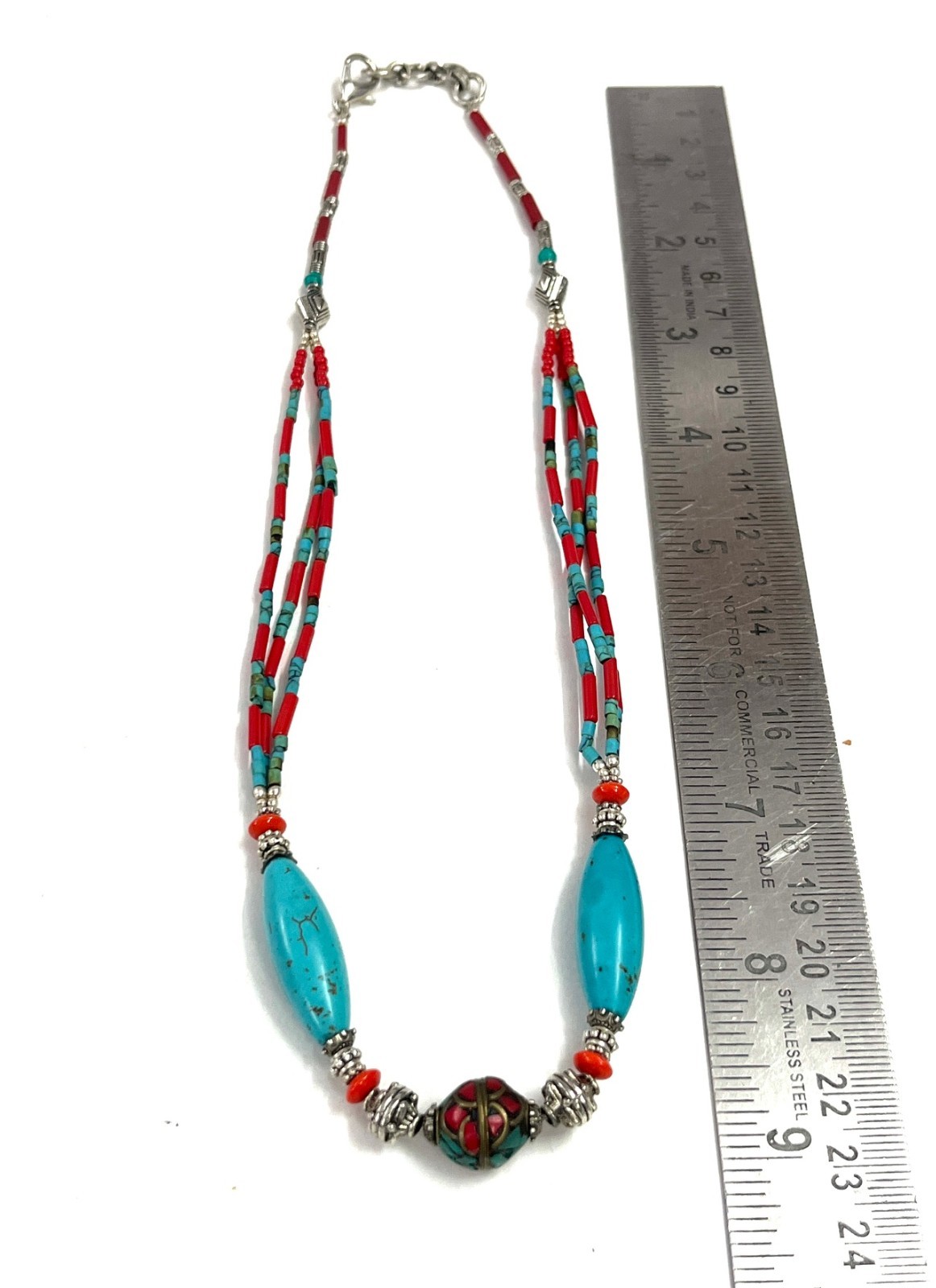 Turquoise Coral Gemstone Tibetan Statement Necklace Jewelry, 18 inch Adjus