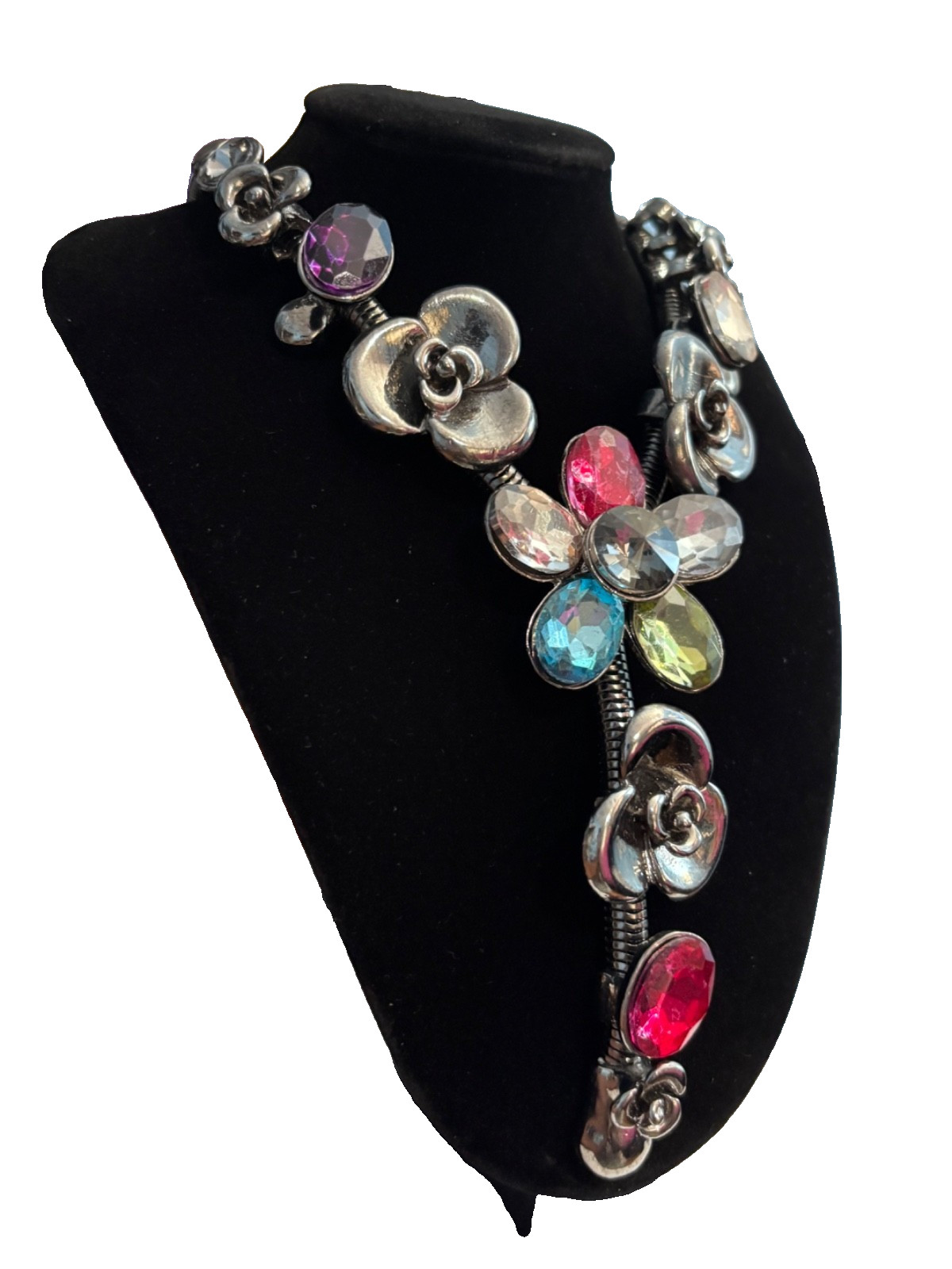 VTG Gunmetal Gray Snake Chain Choker Floral Statement Necklace Multicolor Stones