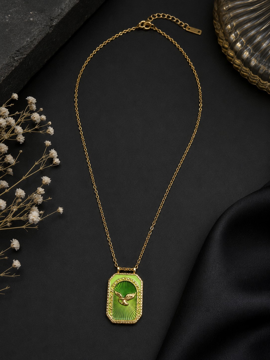 Gold Tone Cable Chain Necklace Green Enamel Eagle Rectangle Charm Crystal