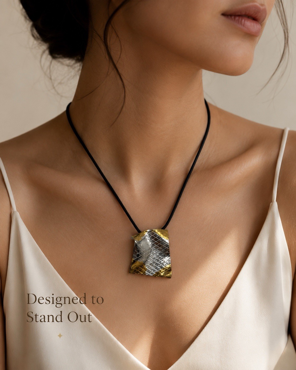 Two-Tone Textured Brass Asymmetrical Amulet Pendant Necklace Adjustable Cord