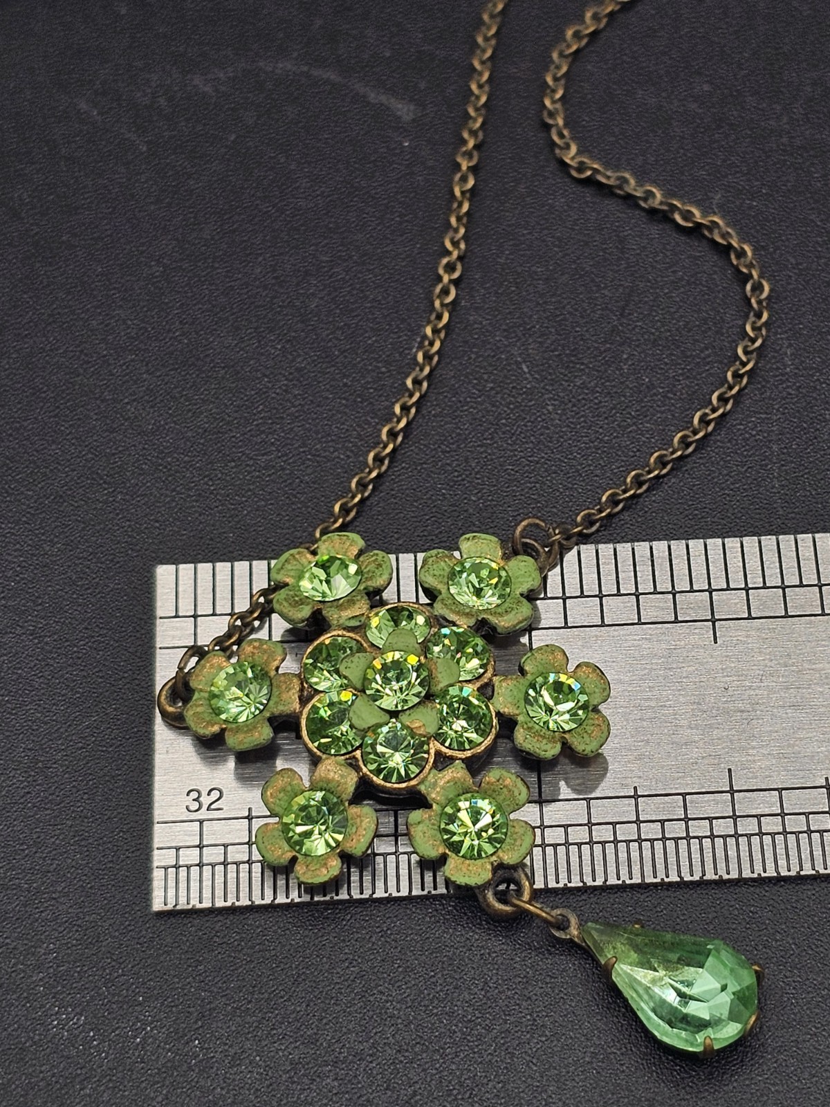 Signed Michal Negrin Peridot Green Swarovski Crystal Floral Necklace Bronze Tone