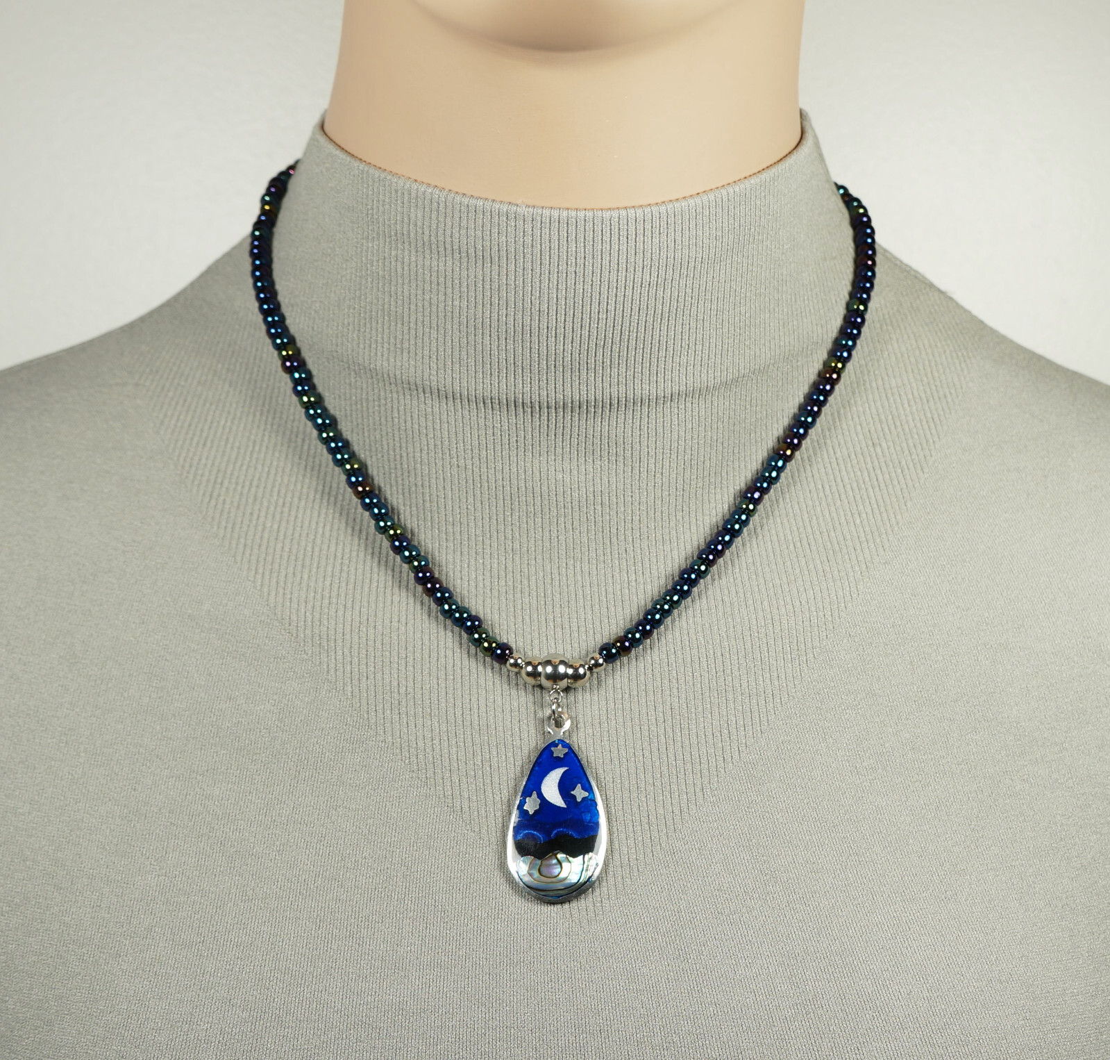 Celestial Abalone Moon & Star Teardrop Iris Blue Glass Handmad Beaded Necklace