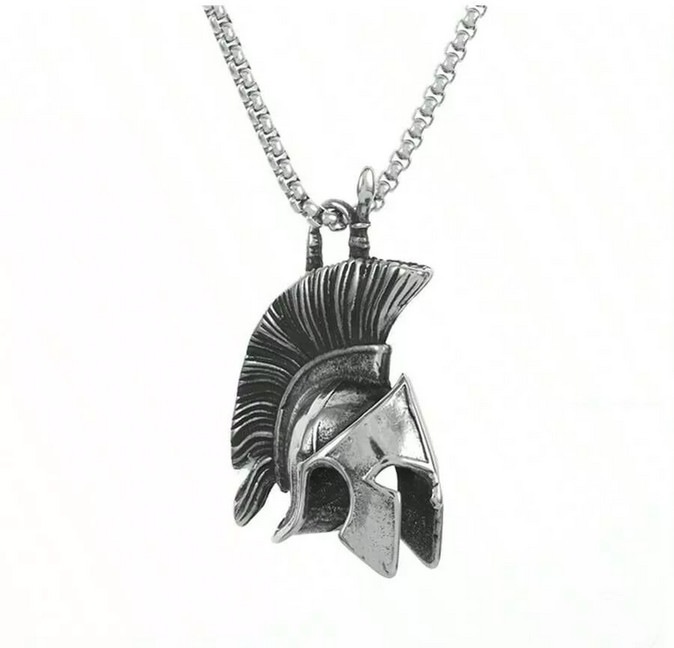Roman Spartan Warrior Mask Helmet Jewelry Vintage Silvery Pendant Necklace
