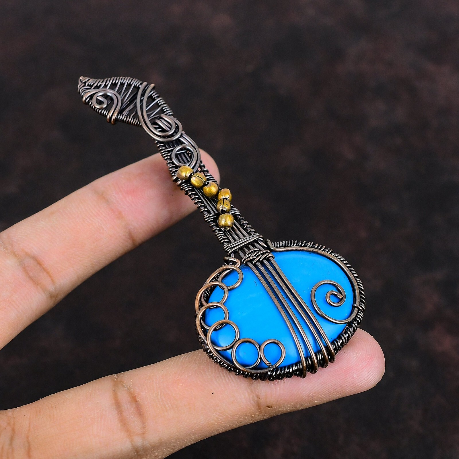 Sleeping Beauty Turquoise Copper Mum Gift Wire Wrapped Guitar Pendant 3.35″