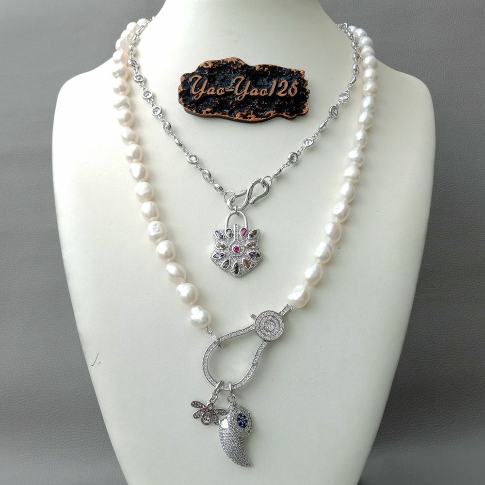 2 rows Cultured White Baroque Pearl Cz pave Drop Charm Necklace 19”