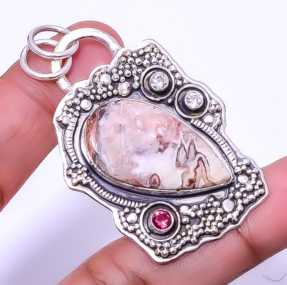 Rosetta Jasper & White Topaz Gemstone 925 Sterling Silver Pendant 1.95″ A389