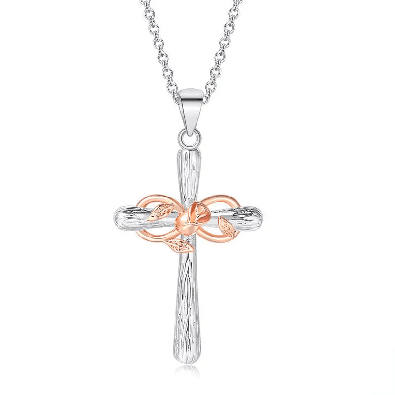 Fashion Cross & Rose Golden Flower Lucky 8 Word Pendant Necklace Jewelry Women