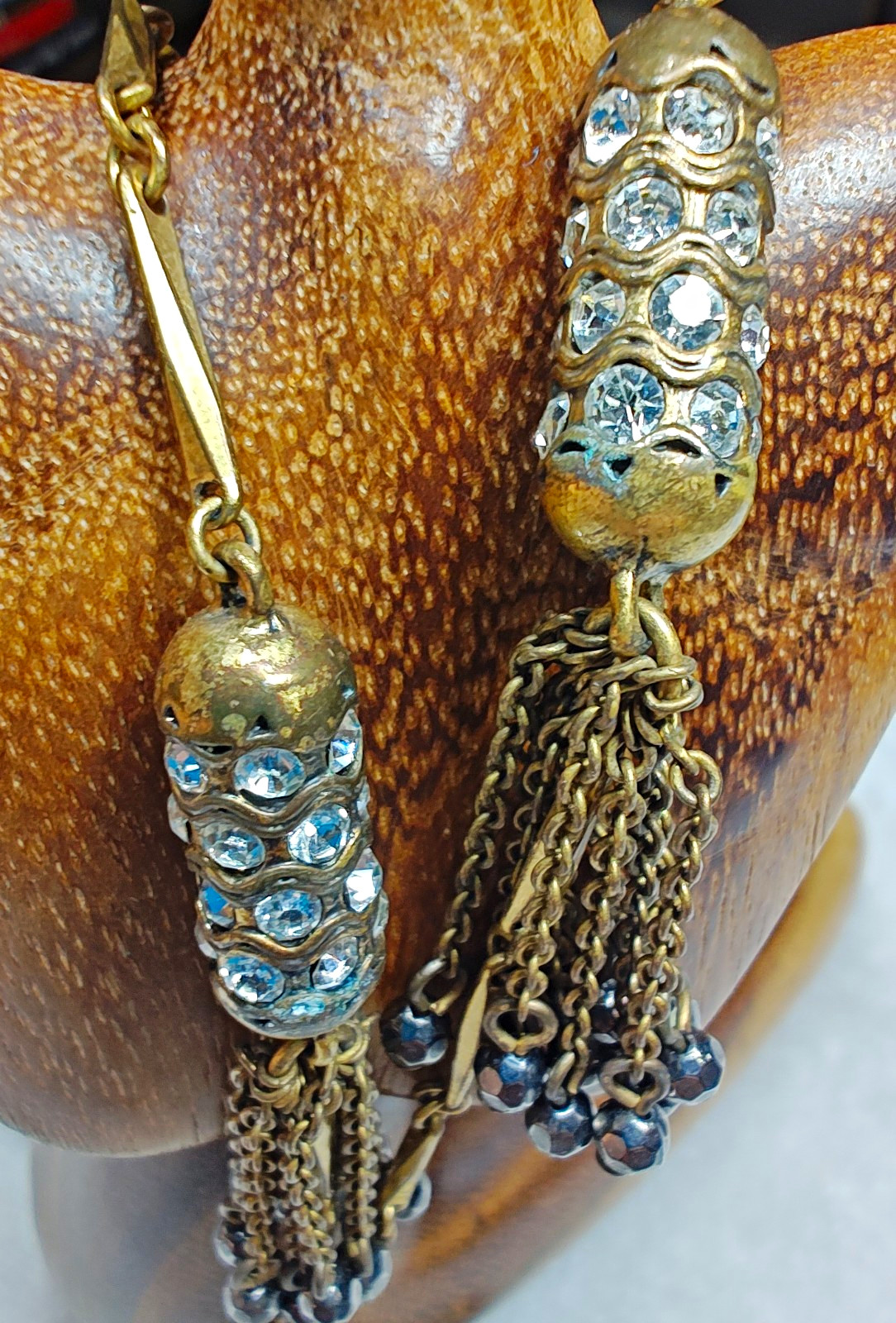 J Crew Brass Crystal Lariat Necklace Black Beads Round Rhinestone Tassel Pendant