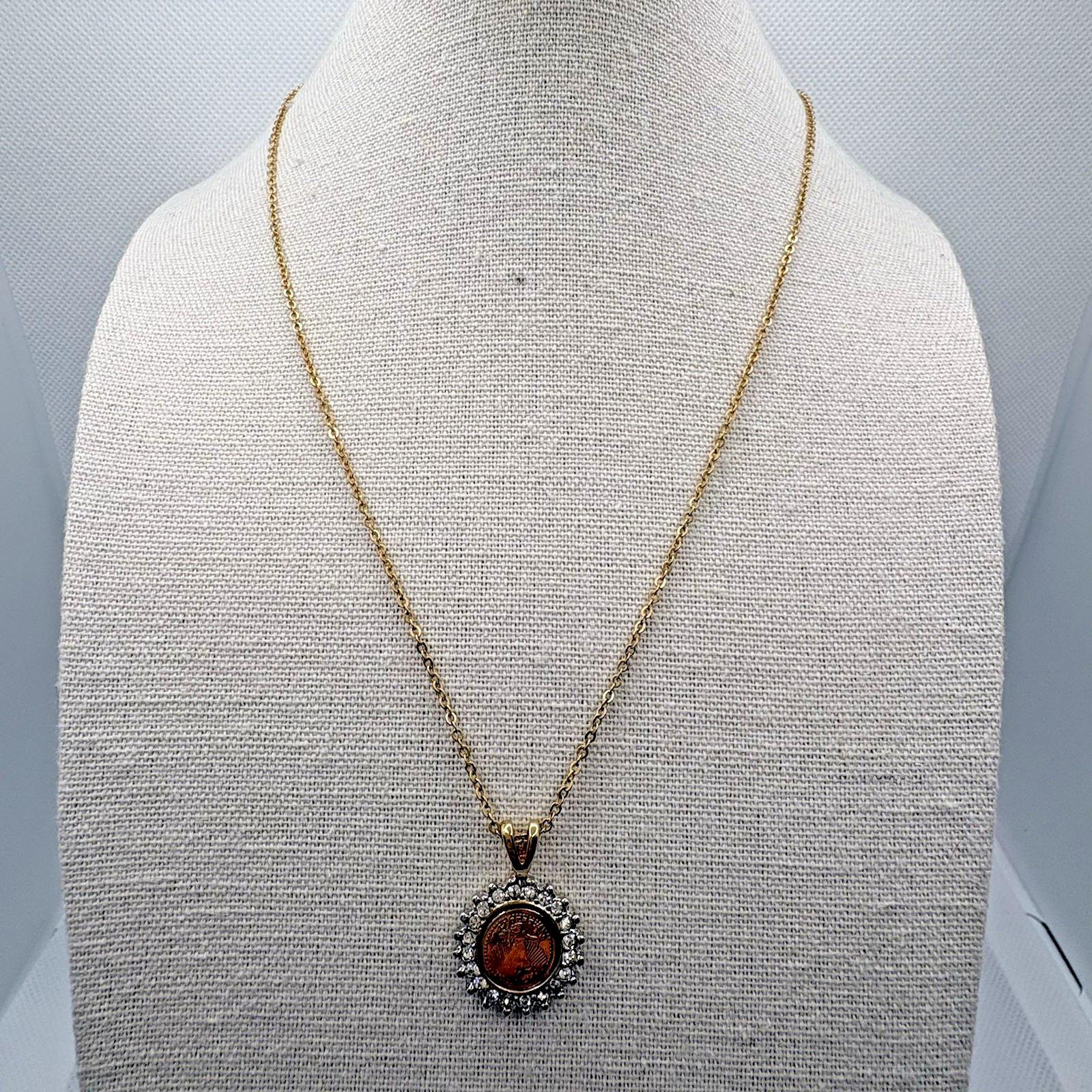 Vintage Lady Liberty Mini Coin Pendant Necklace Pavé Crystals Accent Gold Tone