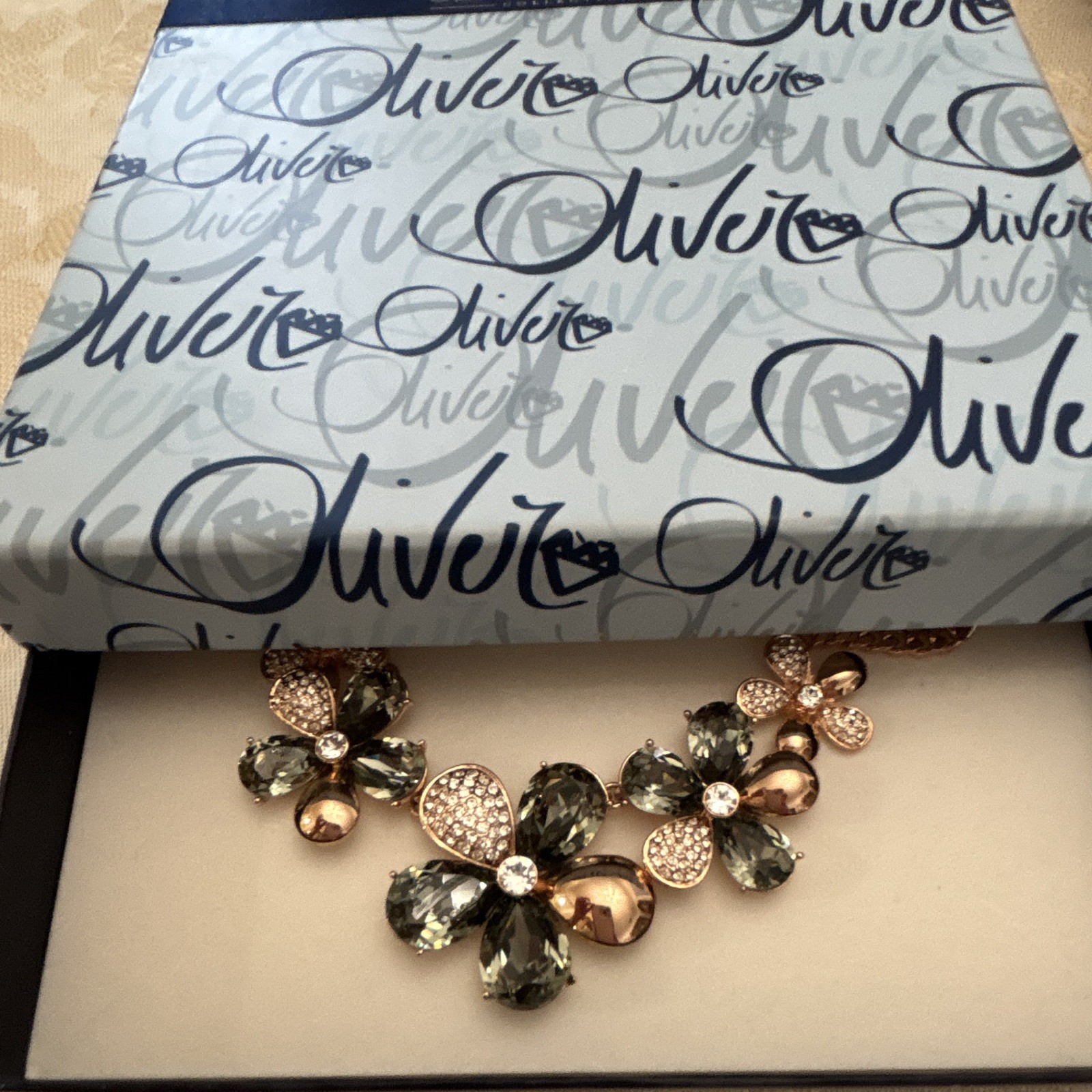 Oliver Rose Gold Plated Floral Statement Necklace Gray Austrian Crystals