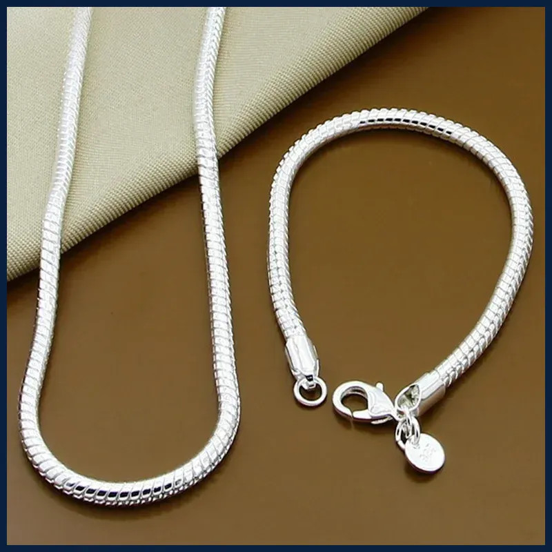 Silver Color 16/18/20/22/24/26/30 Inch Snake Chain Bracelet Necklace Sets For