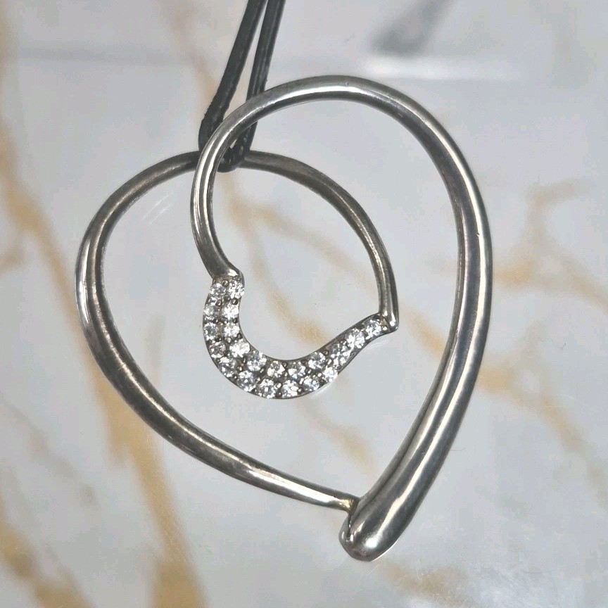 Modern Folli Follie Sterling Silver 925 Double Open Heart Black Leather Necklace