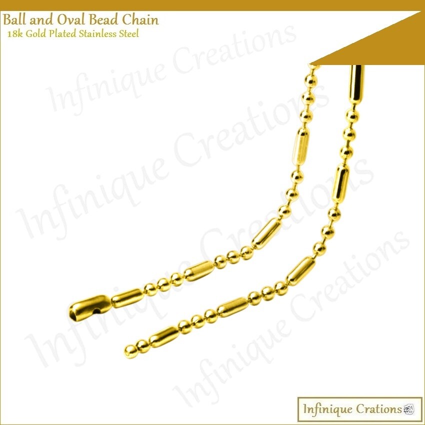 18K Gold Plated Stainless Steel Ball And Oval Bead Chain Bracelet Necklace 1-3mm