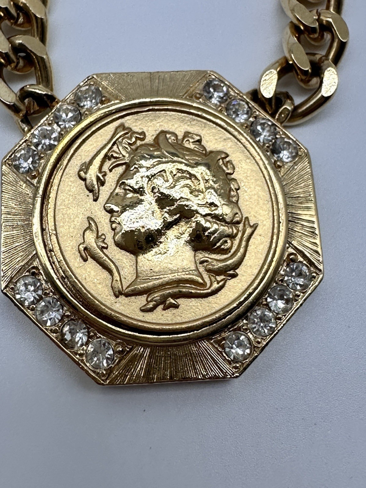 Gold Tone Miami Curb Chain/Crystal Accents/Roman French Emp. Faux Coin Pendant