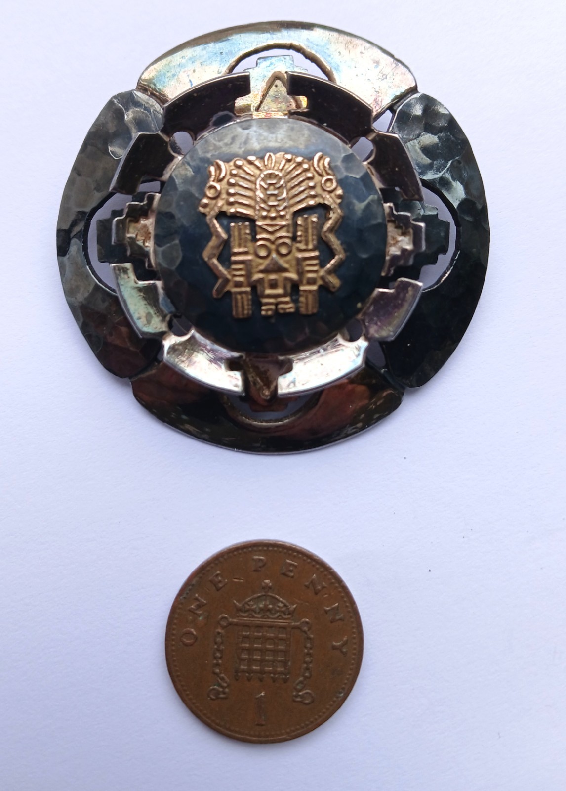 Vintage Peruvian pendant brooch sterling silver 18K gold carat tribal design