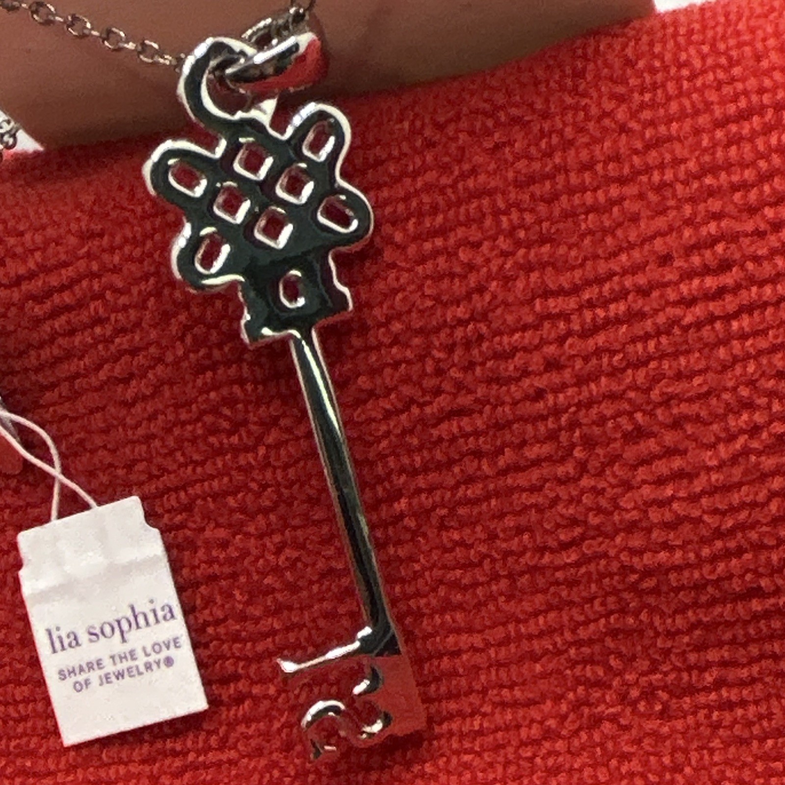 Lia Sophia Silver Tone Key Charm Pendant White Crystal Pavé Oval Link Necklace