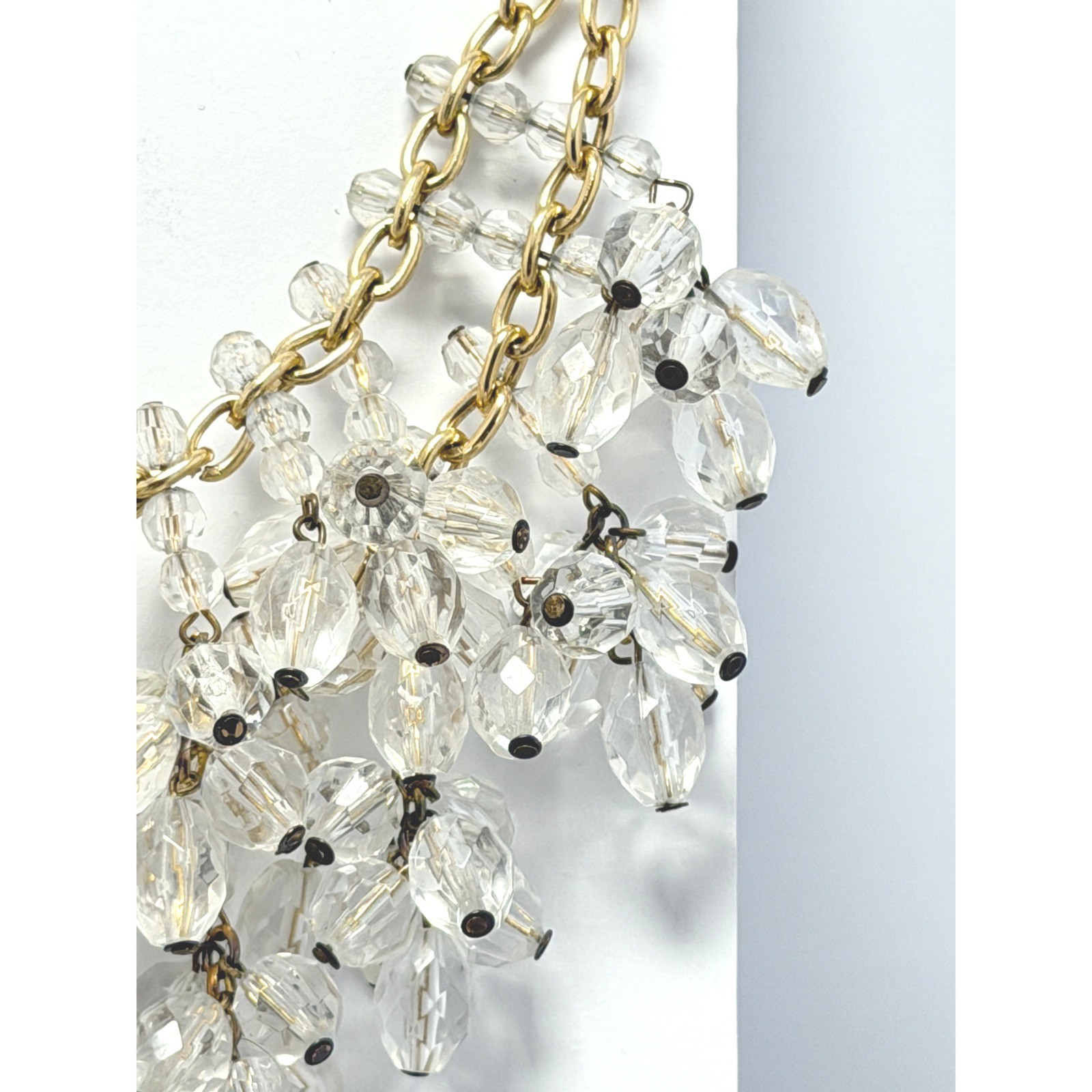 Clear Faceted Bead Cluster Bib Necklace Gold Tone Statement 18 Inch