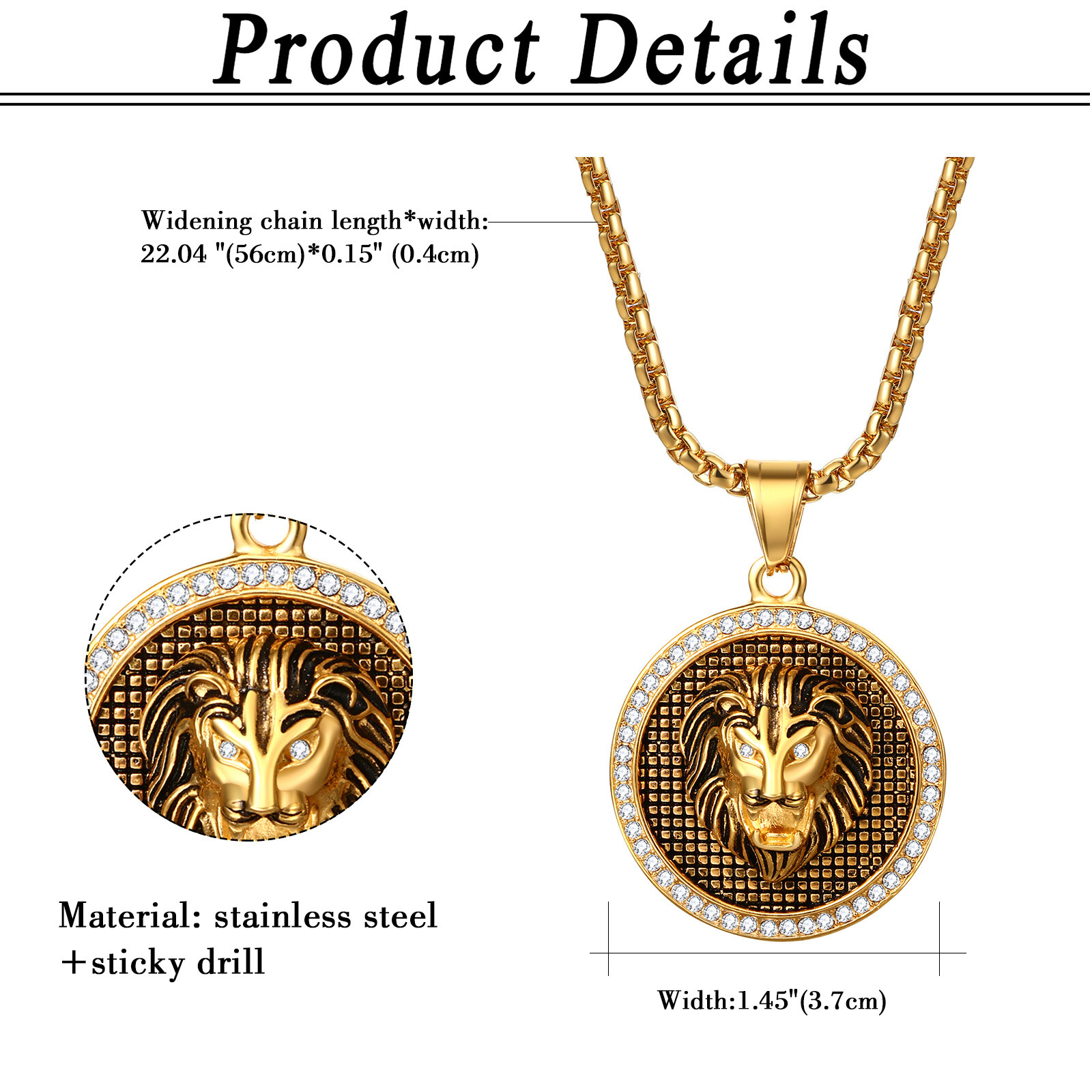 Mens Boys Hip Hop Gold Tone Lion Head Stainless Steel Pendant Necklace Chain 22″
