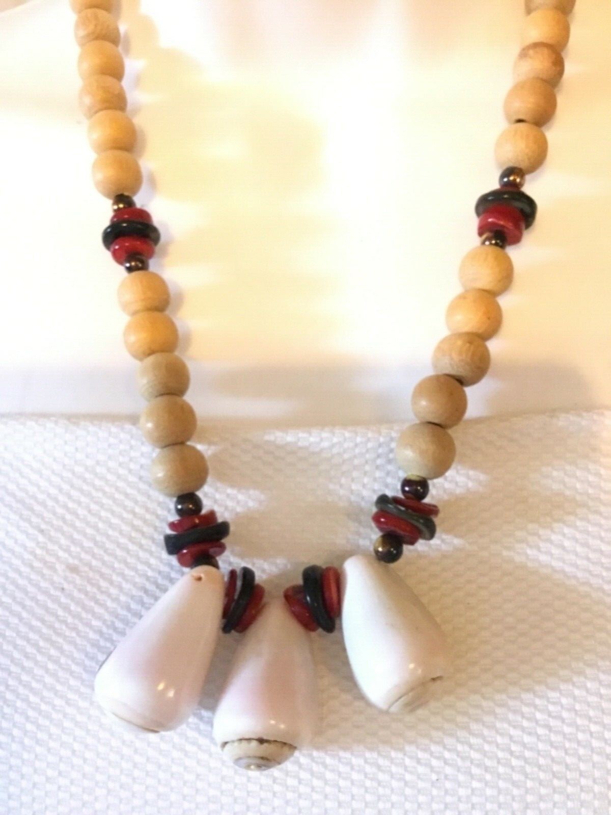 21 inch Bead Necklace With Natural Wood Beads and Shell Accents