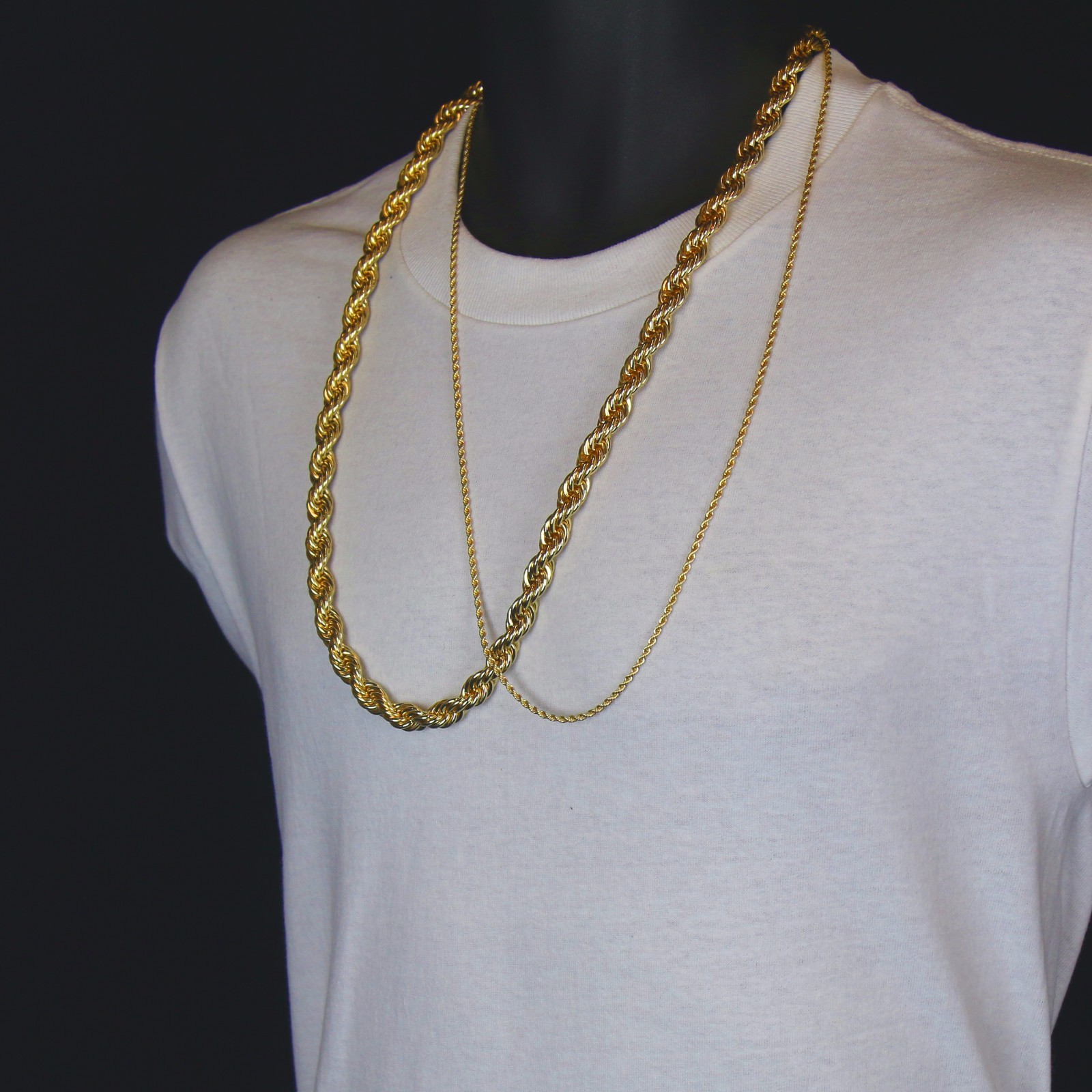 Men’s 24K Gold Plated 10mm & 2.5mm 30″ Thick Rope Chain Hip Hop Style Set