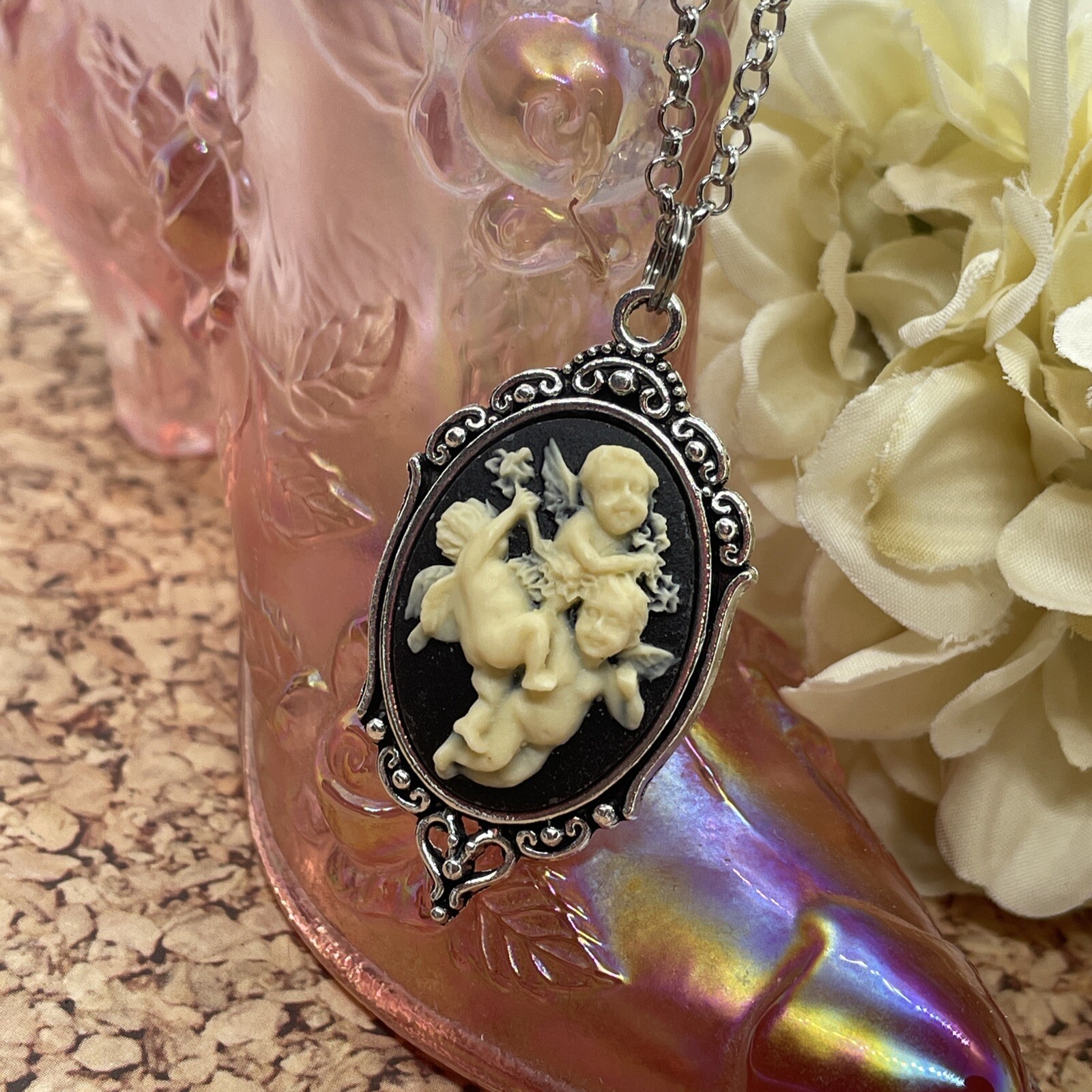 Valentine’s Day Gift ANGEL Wife Cherub Heart Silver Arrow Cupid Cameo Necklace