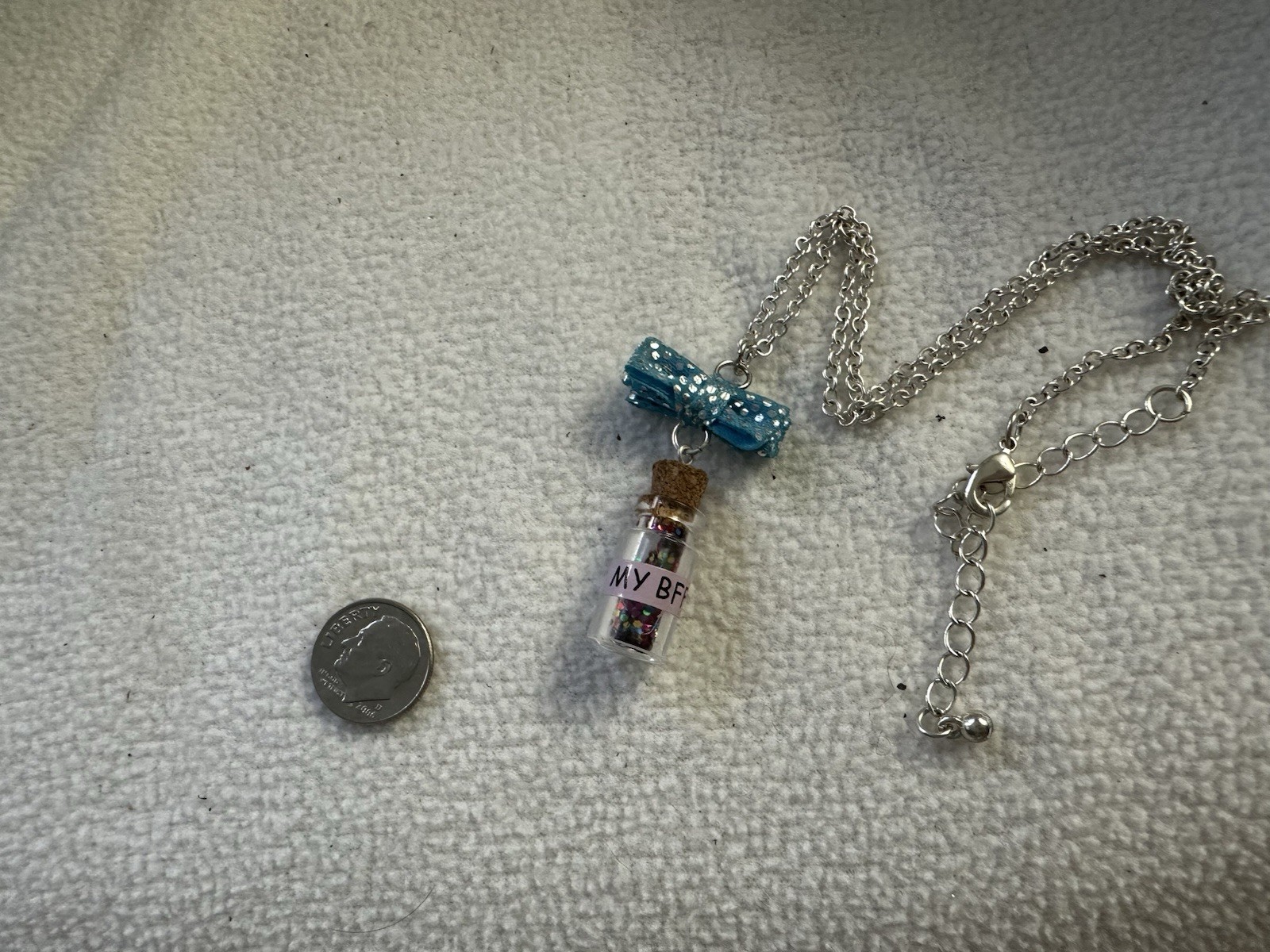 Silver Tone Cable Chain Necklace Adjustable Lobster Glass Bottle Charm “MY BFF”