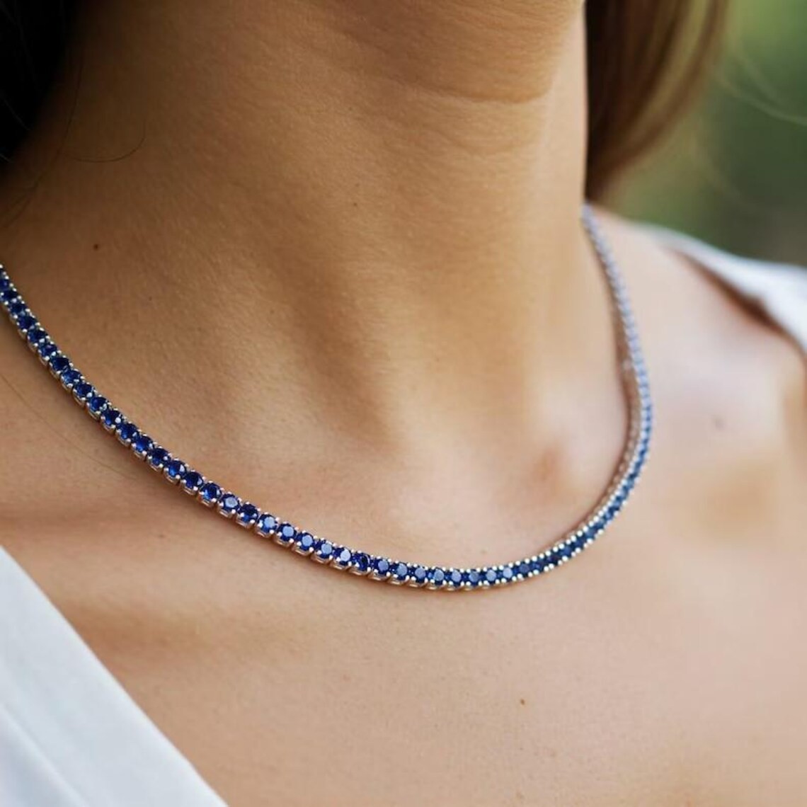 15Ct Round Cut Lab-Created Blue Sapphire Tennis Necklace 14K White Gold Plated 9