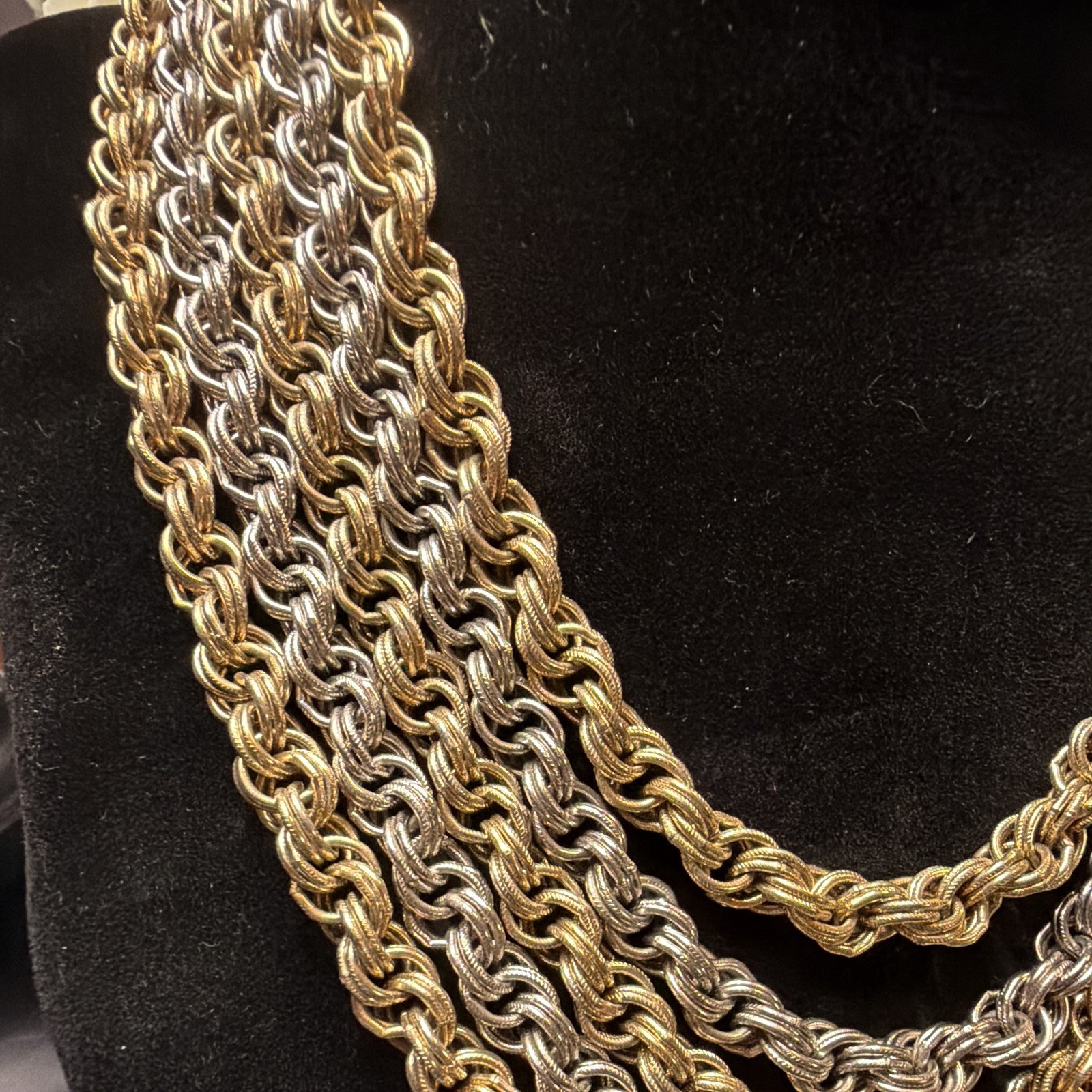 Vintage Gold & Silver Tone Layered Rope Chain NecklaceClear Crystal Clasp 15 IN