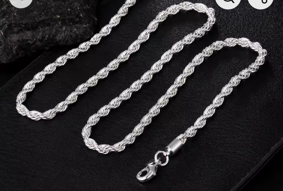 925 Sterling Silver Rope Chain Necklace, Signed, No Stone, Lobster Clasp