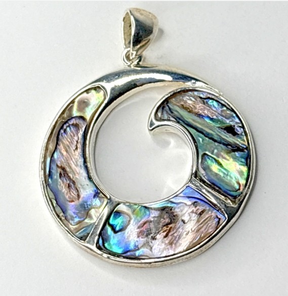 Silver Tone Abalone Shell Wave Pendant – 1.75″ Round Ocean-Inspired Design