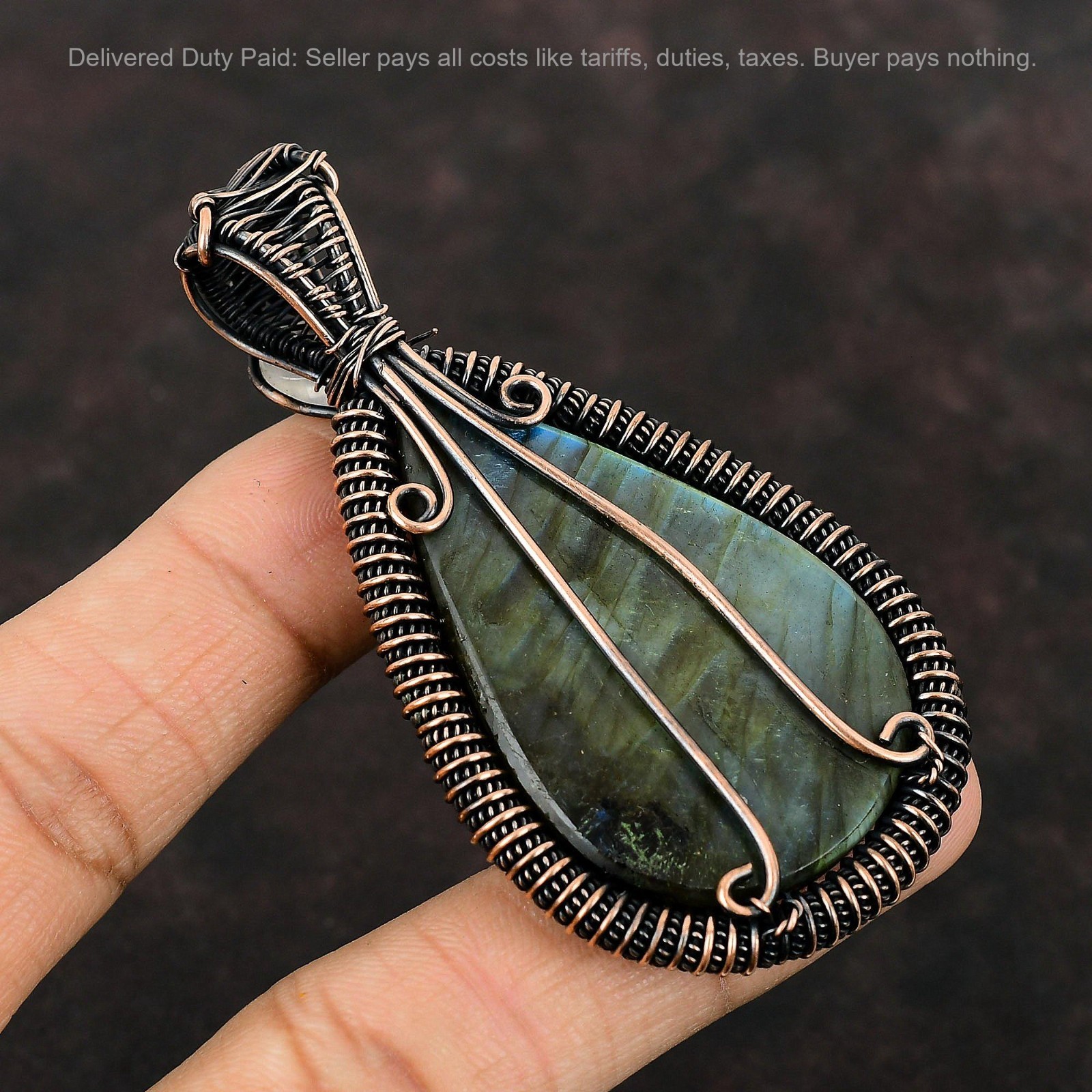 Copper Labradorite Stone Rainbow Moonstone Daughter Wedding Wire Wrapped Pendant