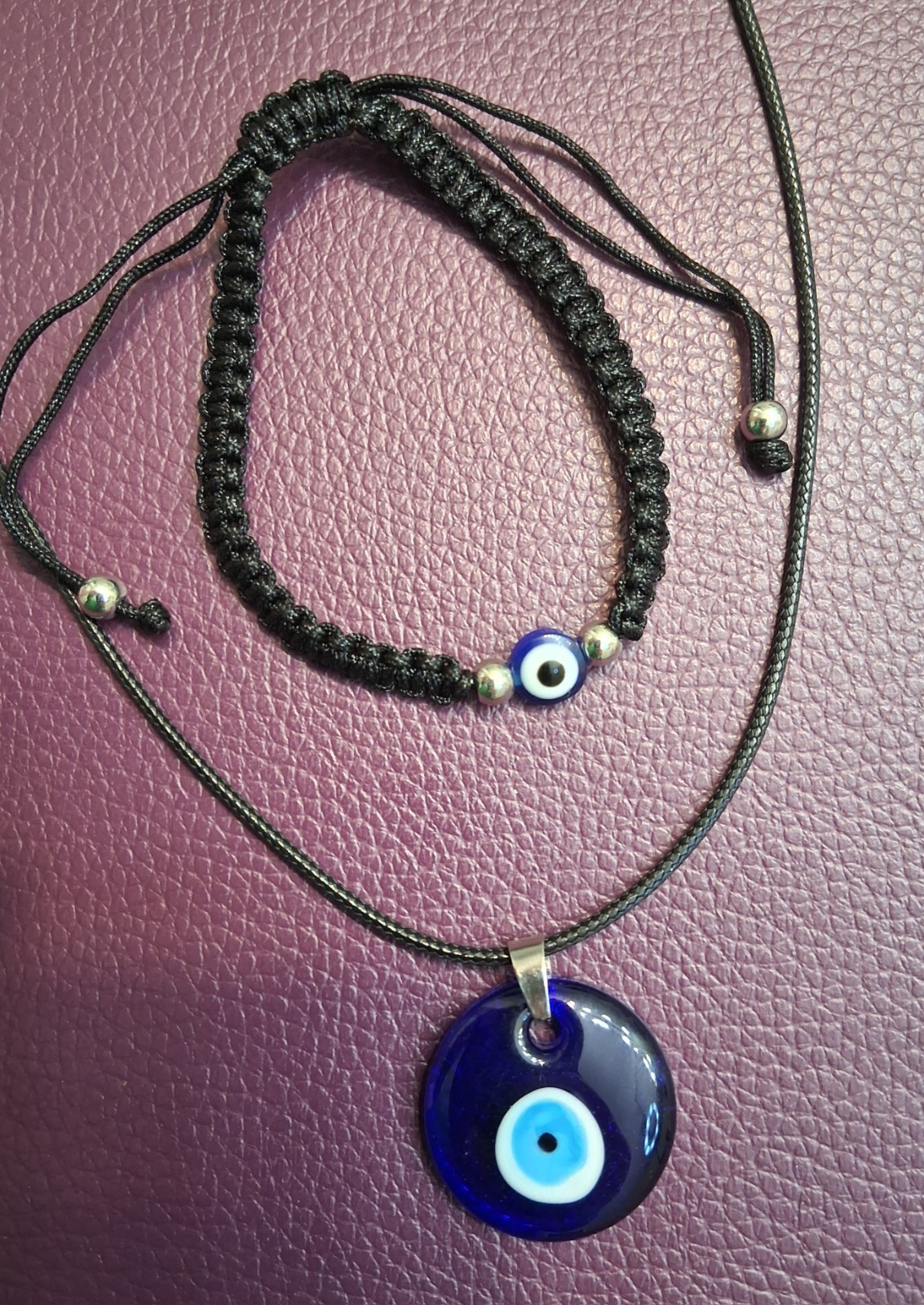 Turkish Blue Evil Eye Round Glass Amulet Necklace & Bracelet Free