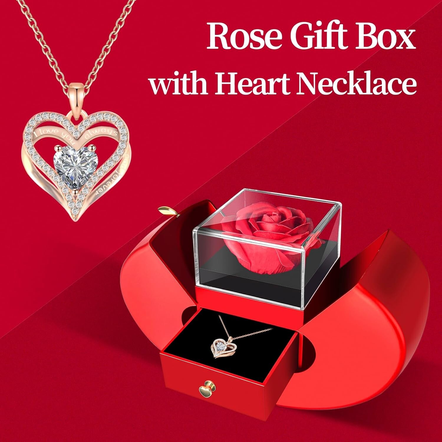 Preserved Red Rose with Heart Necklace Gift for Mom Wife Girlfriend on Special