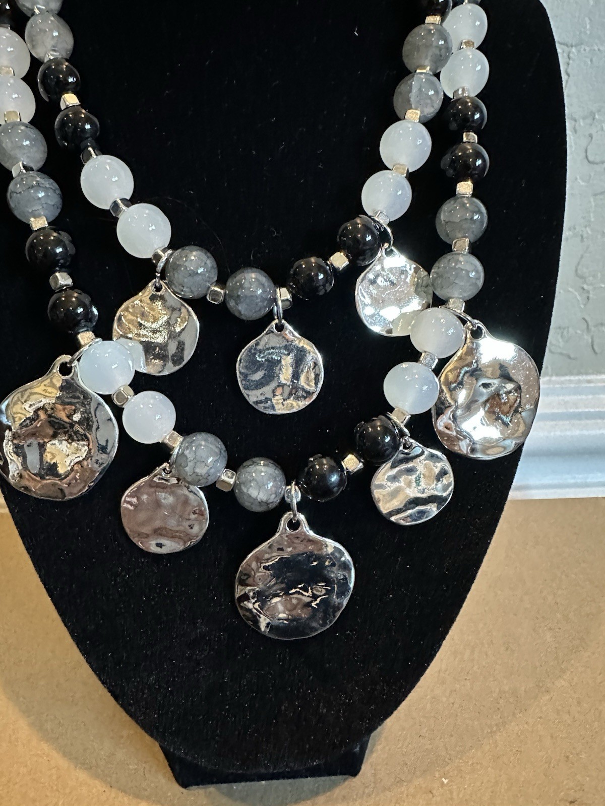Layered Black & White Gray Beaded Statement Necklace w/ Silver Tone Disc Charms