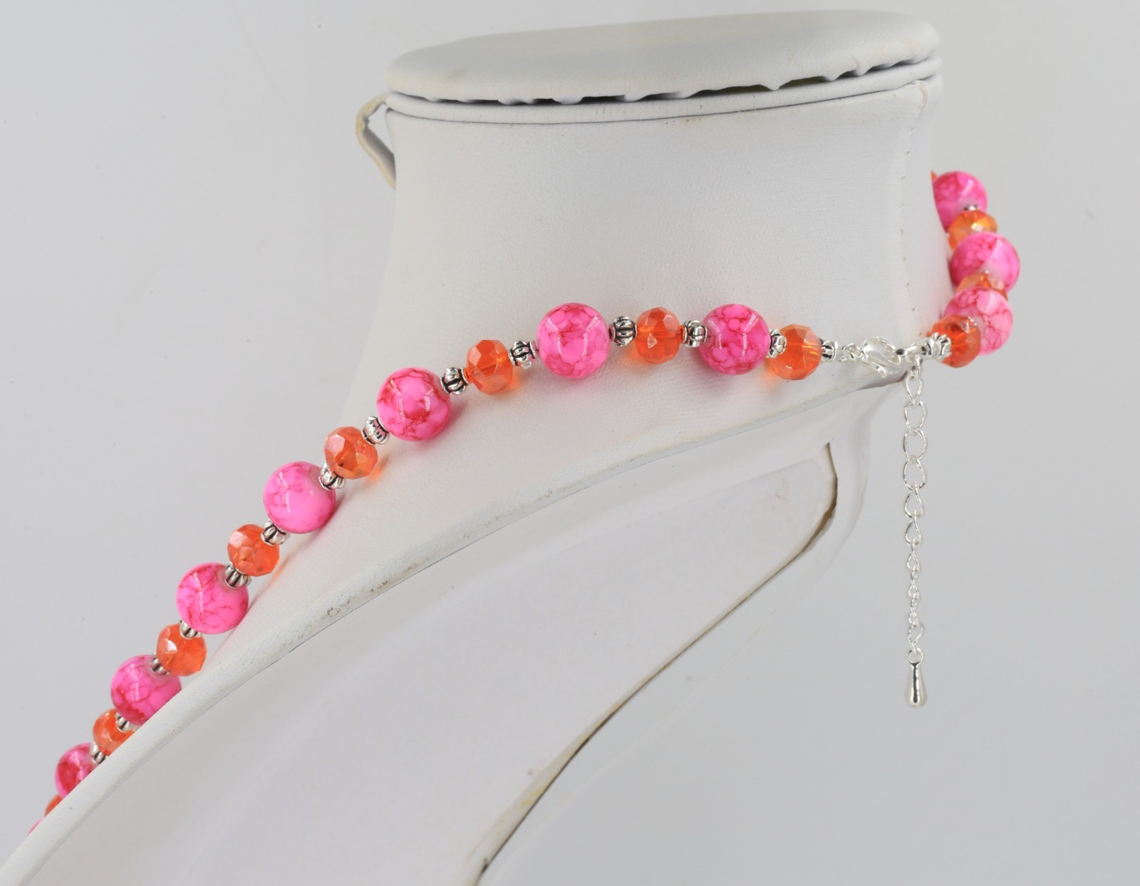 Colourful bright pink mottled glass & orange glass crystal bead silver necklace