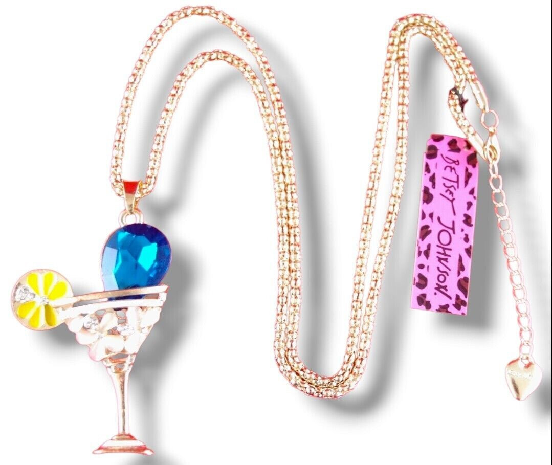 Betsey Johnson Crystal Blue Garnish Margarita 3D Pendant Necklace Free Gift Bag