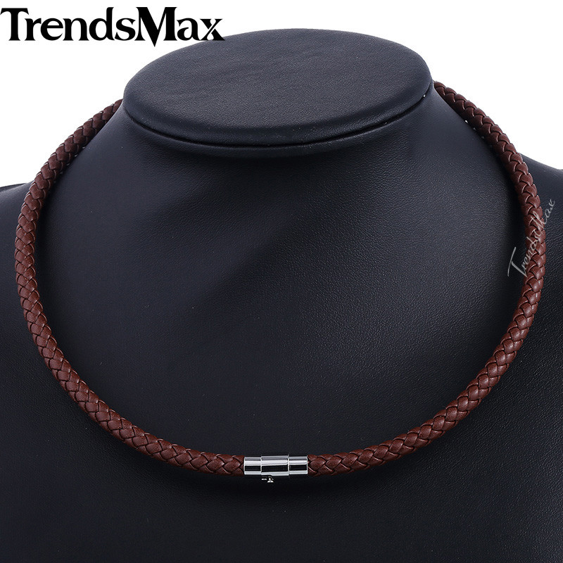 8mm Mens Braided Rope Necklace Brown Leather Stainless Steel Magnet Clasp Choker