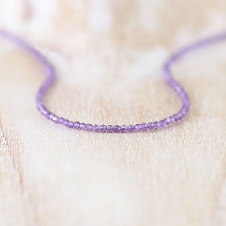 Amethyst 2mm Crystal Gemstone Faceted Beads Minimalist Dainty Choker Necklace