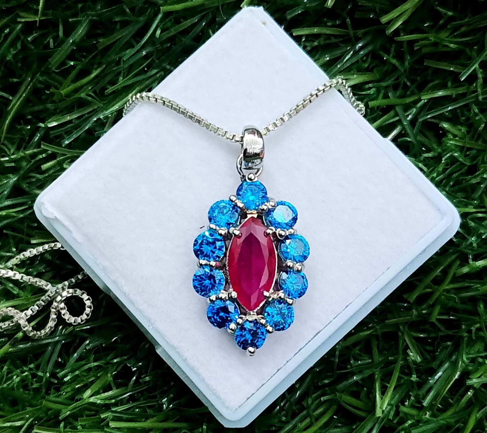 15 Ct Ruby Marquise Cut & Blue Sapphire Pendant 925 Sterling Silver With Chain