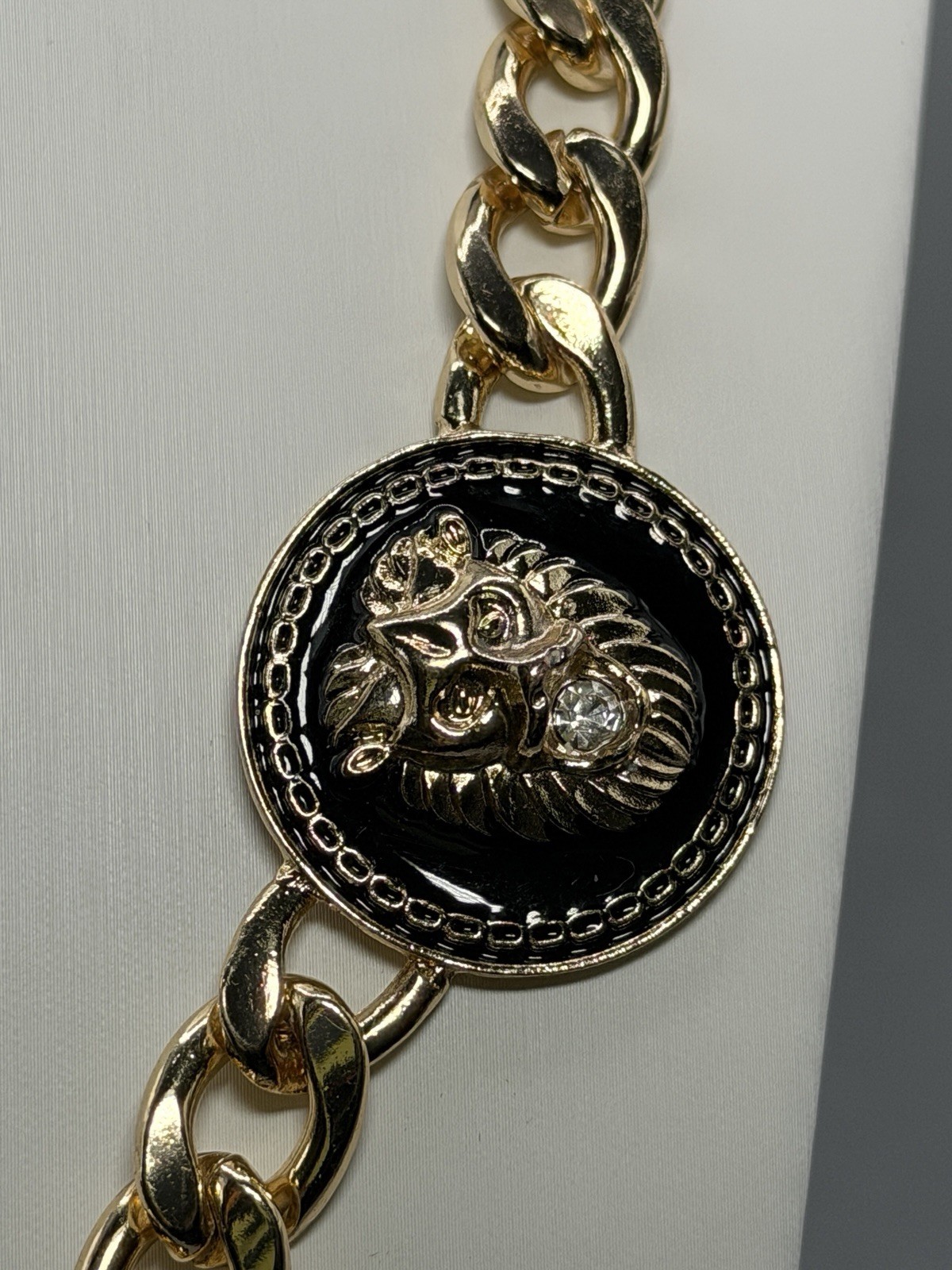 Natasha Gold Tone Lion Head Medallion Statement Necklace Rhinestone Black Inlay