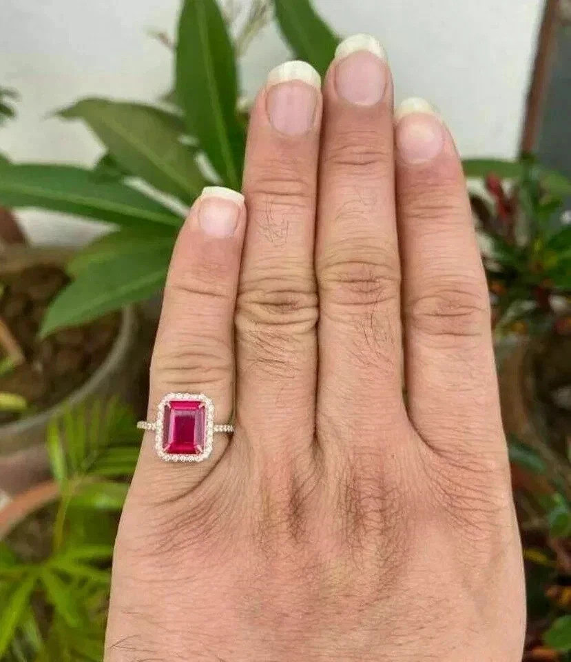 3.10 Ct Emerald Cut Natural Ruby Diamond Wedding Ring 14K Solid Yellow Gold