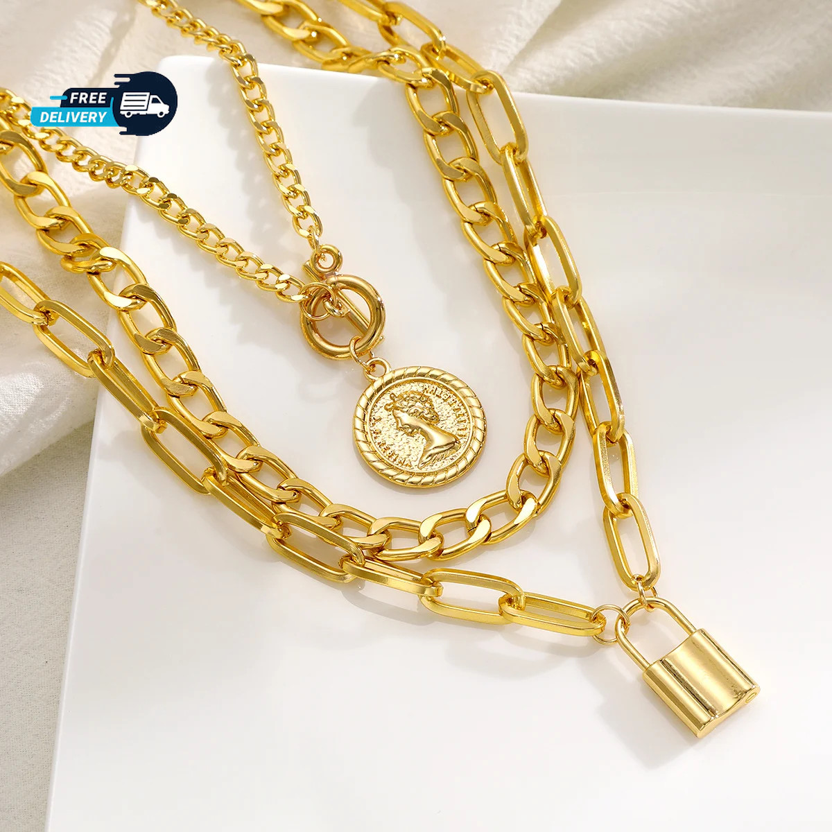 3Pcs Chunky Multi-Layer Necklace Trendy Pendants Choker Women Fashion Jewelry